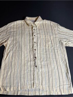 Bohio Linen Blend Striped Shirt XL Short Sleeve Coastal Button Up